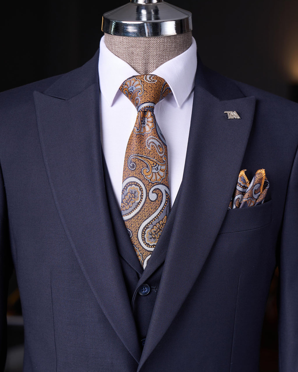French Cuff Men's Carbon Blue Single Buttoned 3-Piece Suit