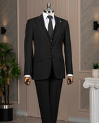 French Cuff Men's Black Double Buttoned 3-Piece Suit