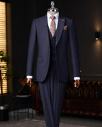 French Cuff Men's Carbon Blue Single Buttoned 3-Piece Suit