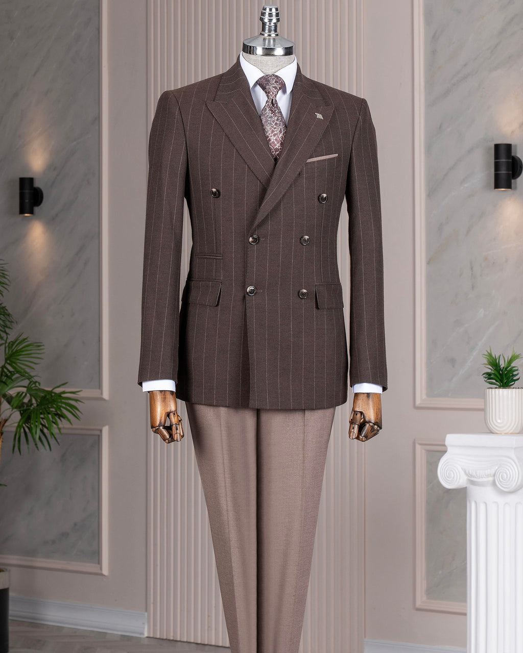 French Cuff Men's Brown Striped Double Breasted Blazer