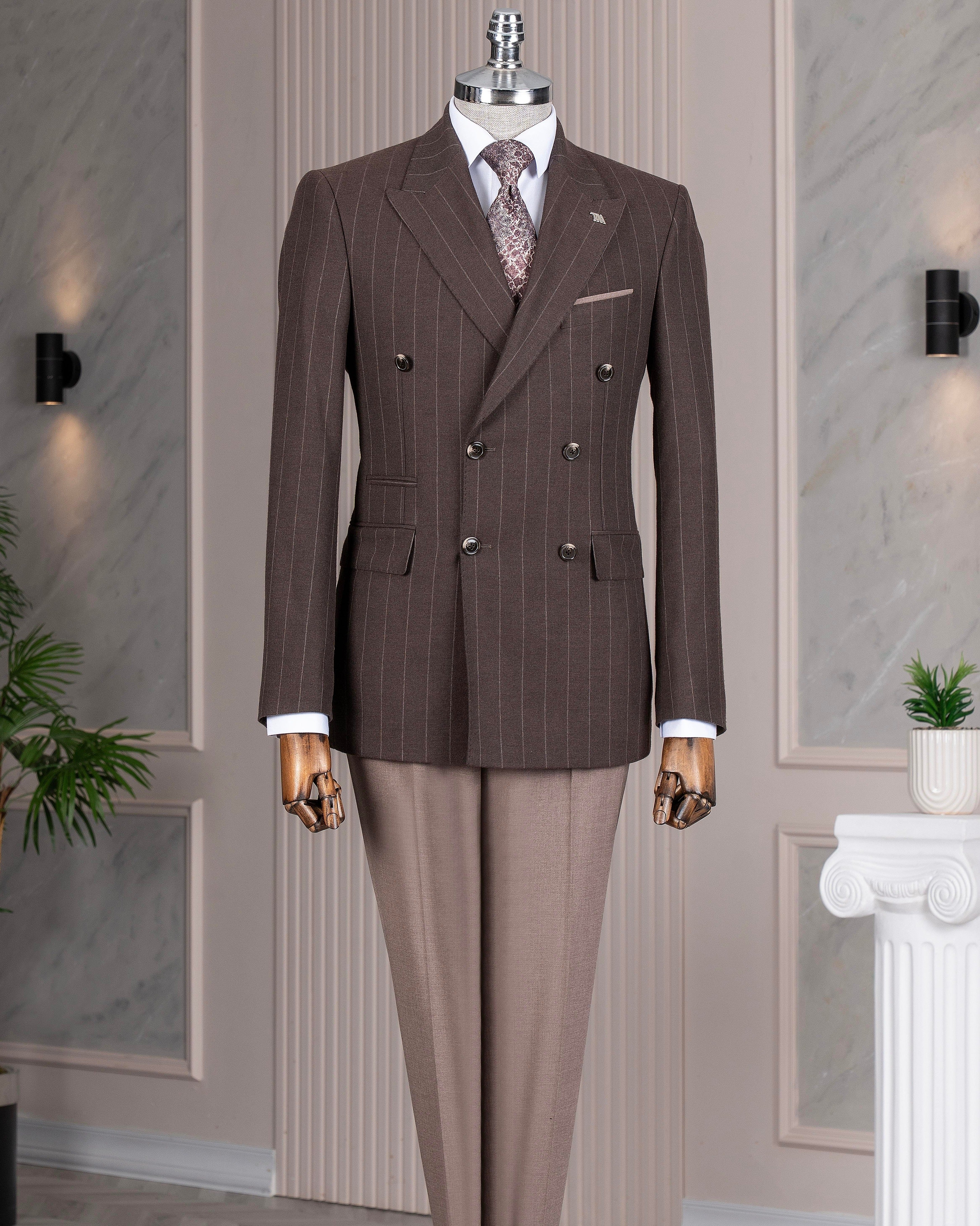 French Cuff Men's Brown Striped Double Breasted Blazer
