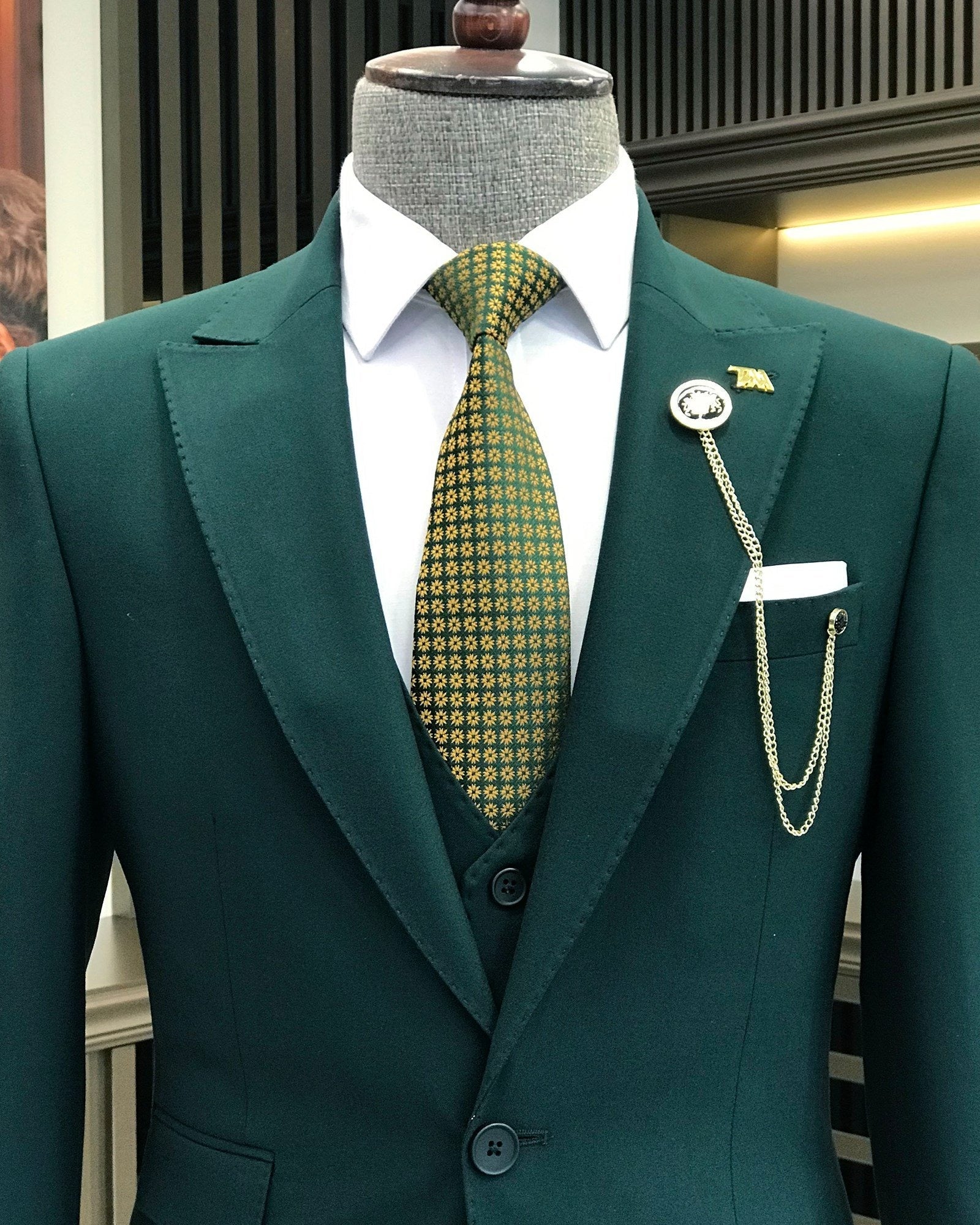 French Cuff Men's Bottle Green Single Buttoned 3-Piece Suit