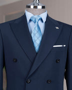 French Cuff Men's Blue Double Breasted 2-Piece Suit