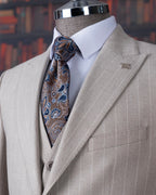 French Cuff Men's Beige Stripe Double Buttoned 3-Piece Suit