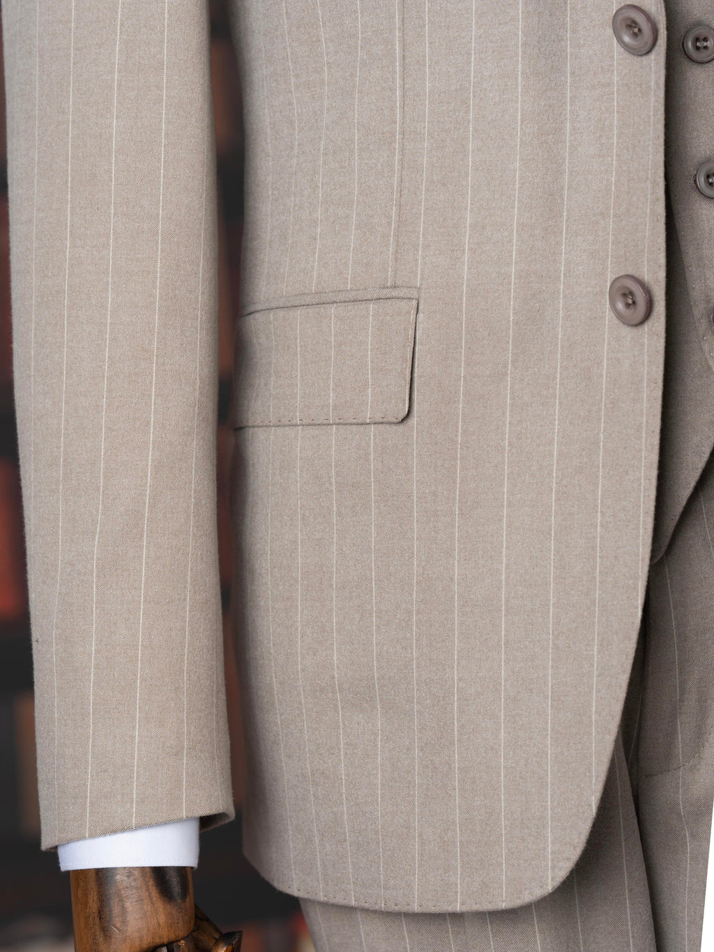 French Cuff Men's Beige Stripe Double Buttoned 3-Piece Suit