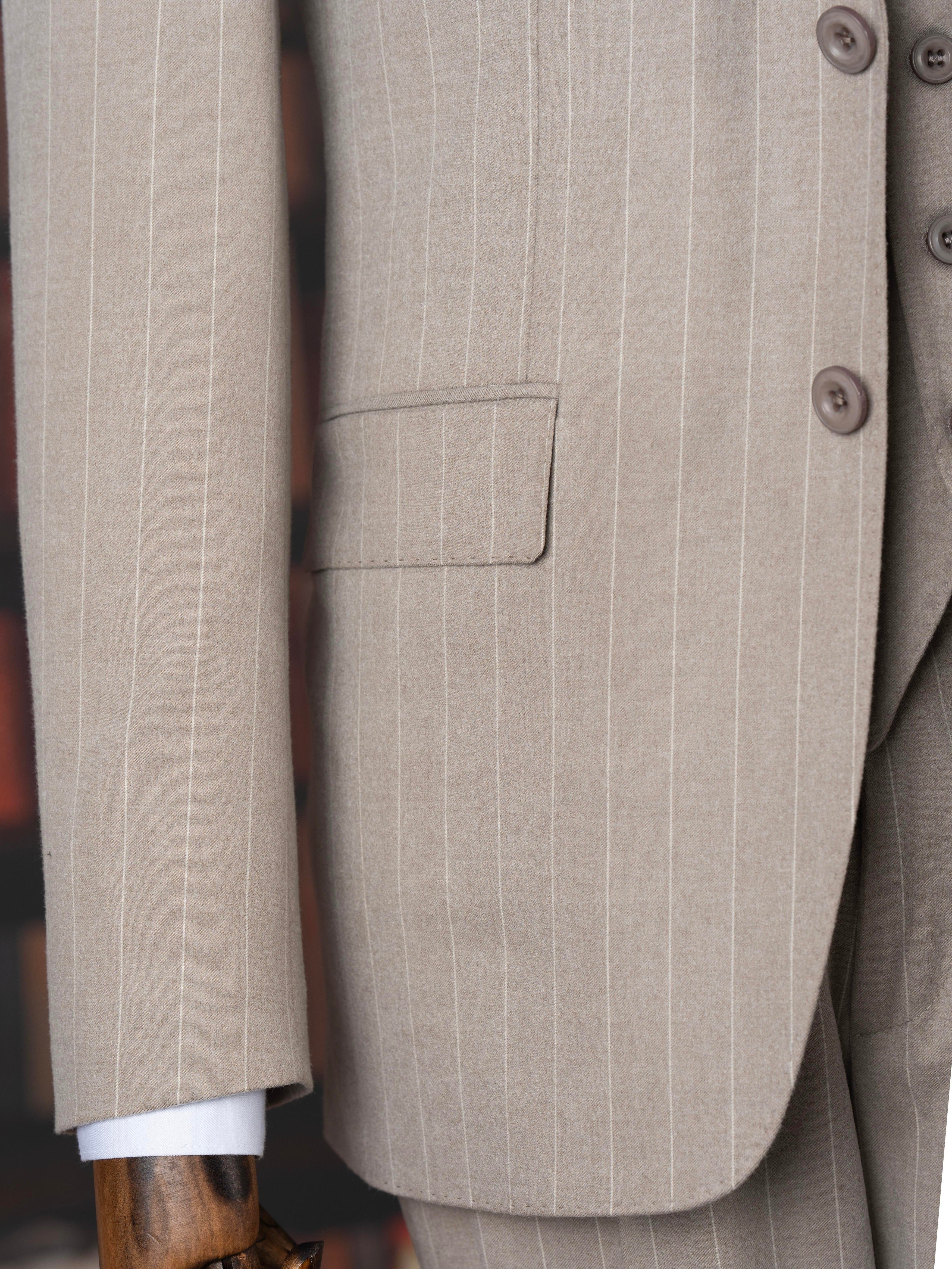 French Cuff Men's Beige Stripe Double Buttoned 3-Piece Suit