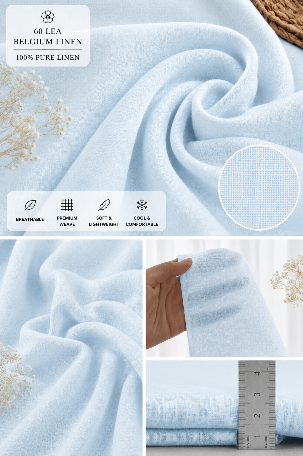 60 LEA | 100% Belgium Linen Fabric - Sky Blue