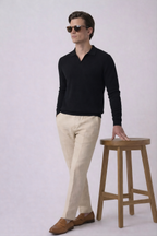 Black Textured Full Sleeves Knit Polo T-Shirt