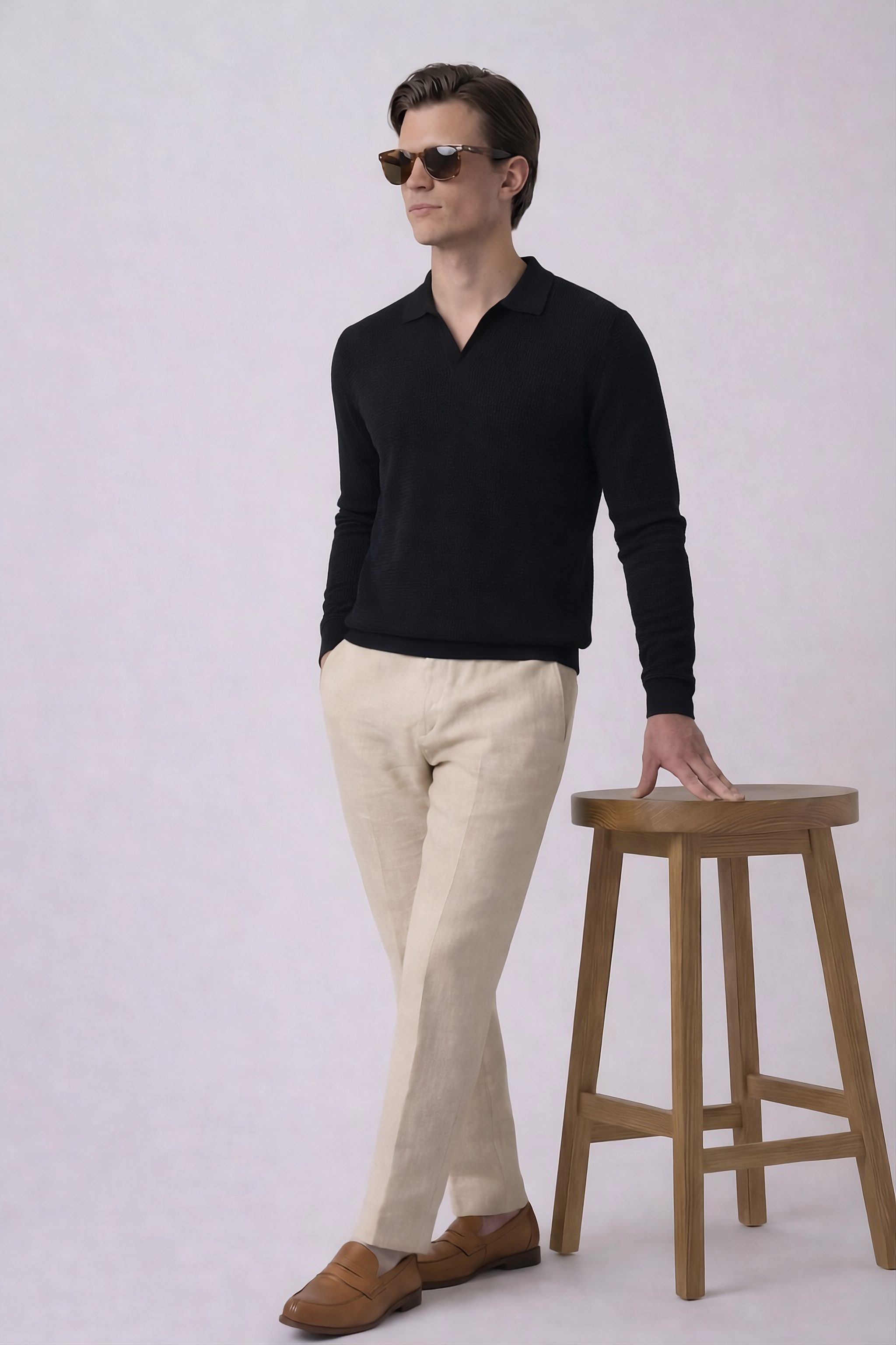 Black Textured Full Sleeves Knit Polo T-Shirt