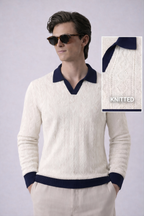 White Aran Textured Full Sleeves Knit Polo T-Shirt