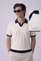White Aran Textured Half Sleeves Knit Polo T-Shirt