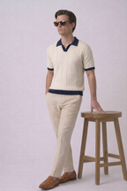 White Aran Textured Full Sleeves Knit Polo T-Shirt