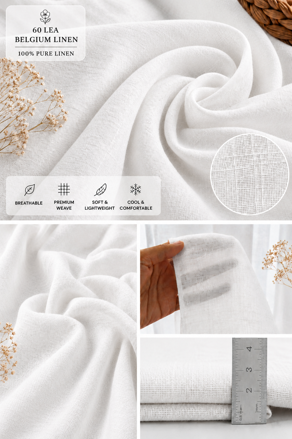 60 LEA | 100% Belgium Linen Fabric - White