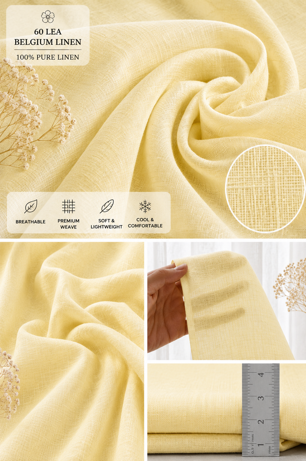 60 LEA | 100% Belgium Linen Fabric - Buttery Yellow